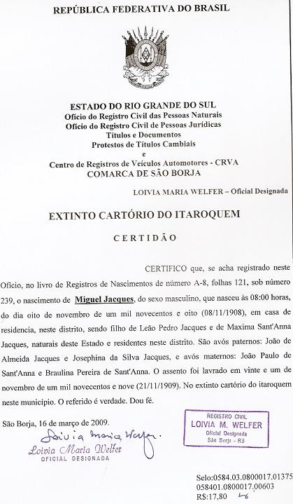 Certidão de Nascimento Miguel Jacques